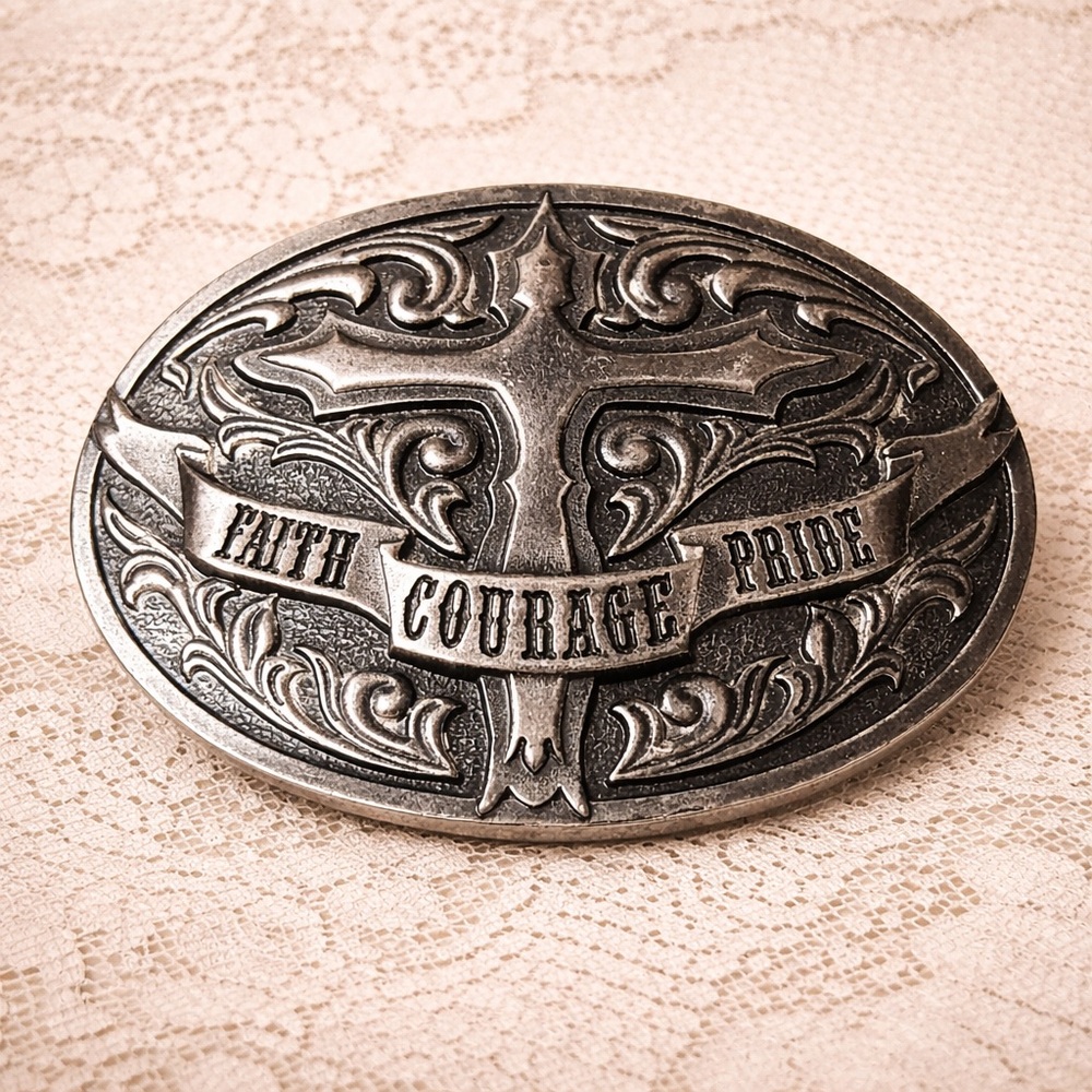 Men's Silver Belt Buckle with Cross Design Faith Christian Americana Patriotic